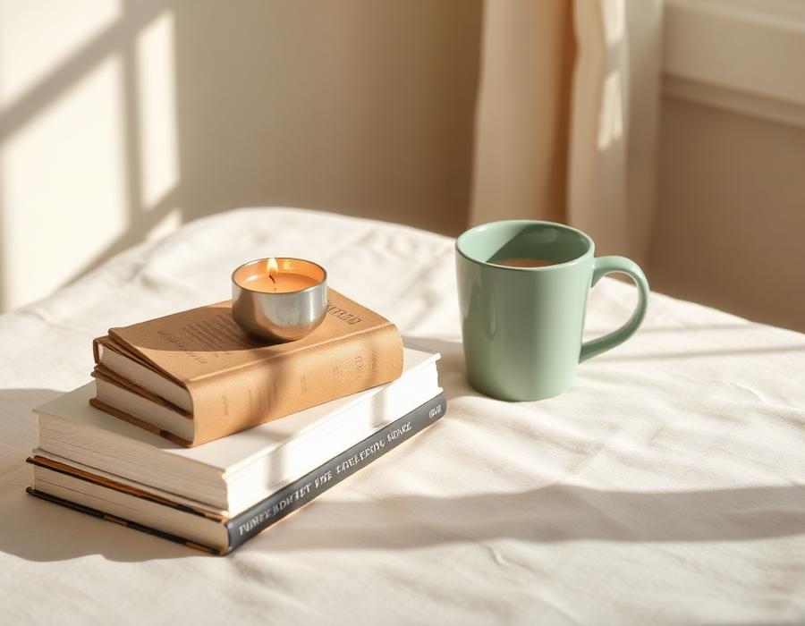 A stack of books, a candle, and a sage mug in soft morning light