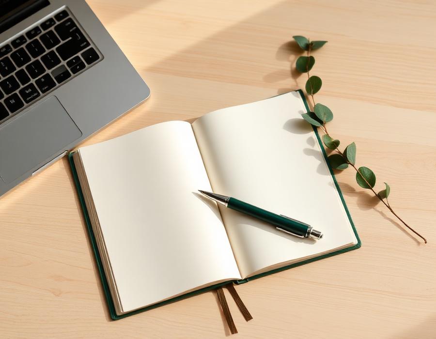 An open notebook and pen beside a laptop and eucalyptus sprig