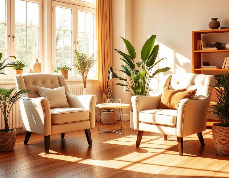 Two cream armchairs facing each other in a sunlit therapy office